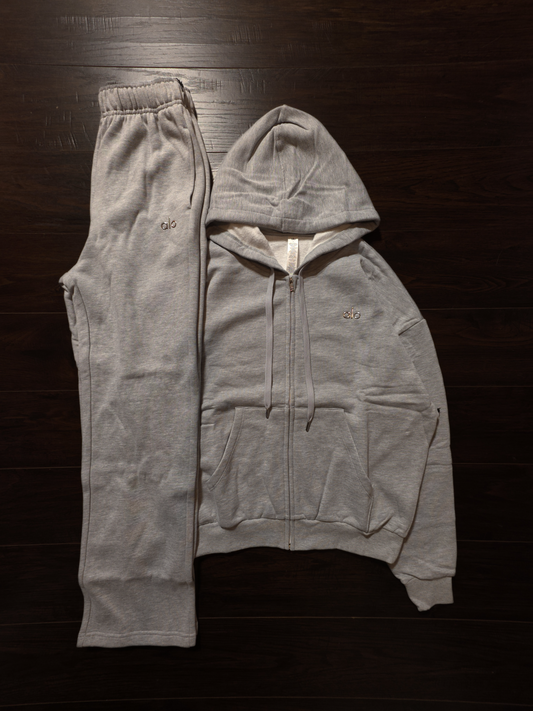 Alo Accolade Full-Zip Hoodie & Straight-Leg Sweatpant Set - Athletic Heather Grey [NEW]