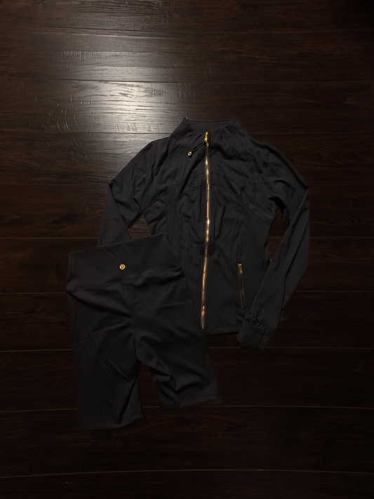 Lululemon Define Jacket & High-Rise Biker Shorts Set – Black/Gold [NEW]